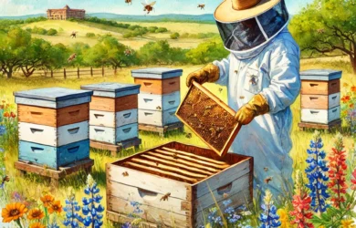 beekeeper in texas field working bees