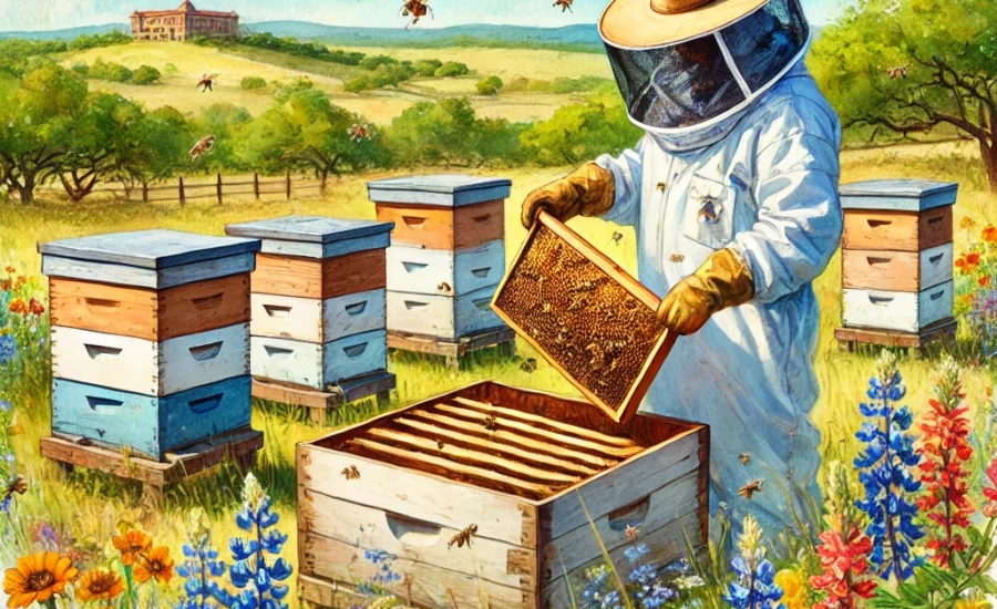 beekeeper in texas field working bees